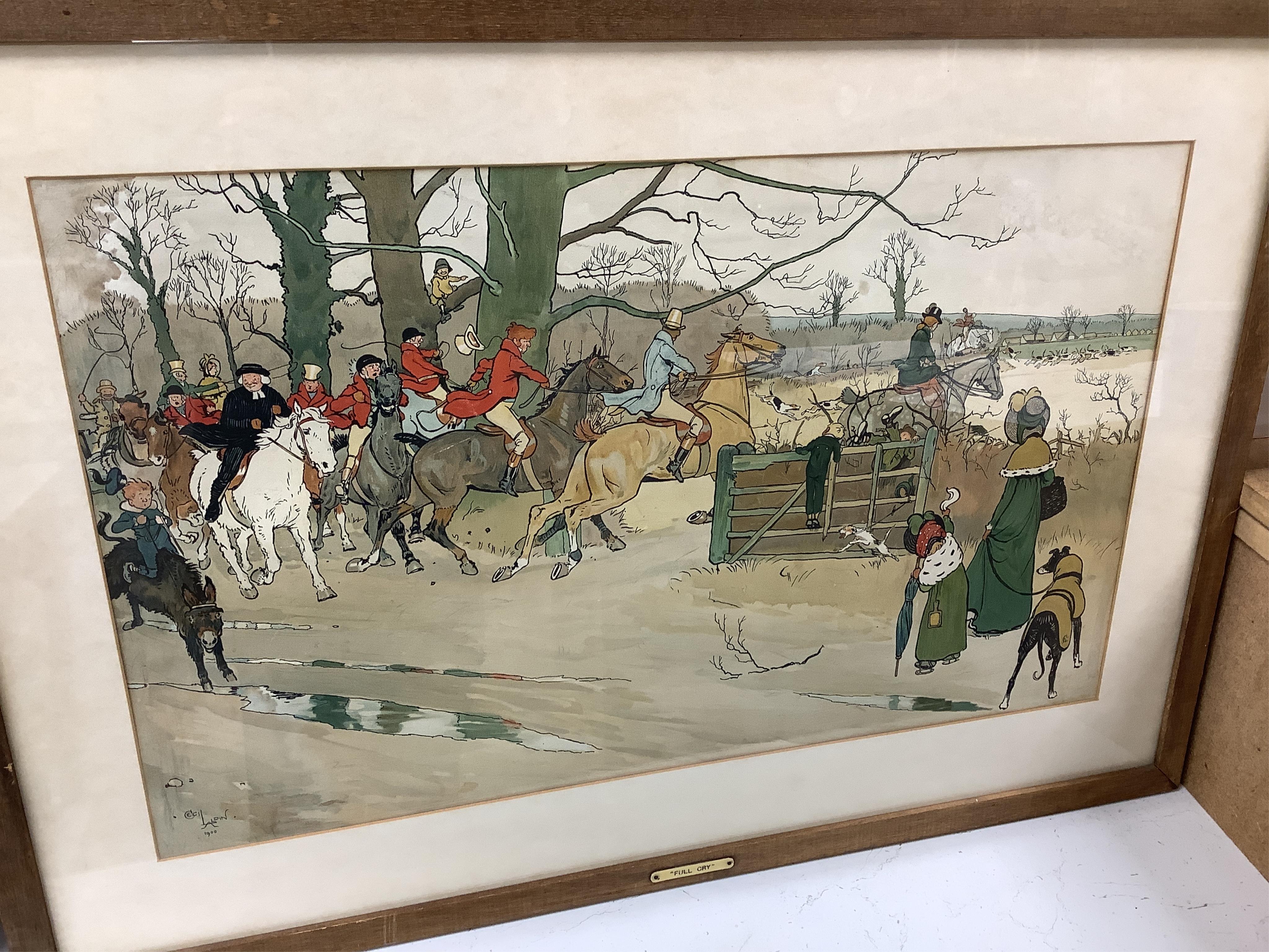 After Cecil Aldin (1870-1935), set of six colour hunting interest prints, to include 'Breaking cover', 'The Breakfast' and 'Full Cry', 37 x 60cm